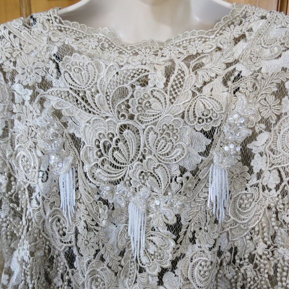 Pat Dahnke Handmade Ivory/Tan Lace Cardigan Kimono BeadedTexas Luxury One Size - Picture 9 of 11